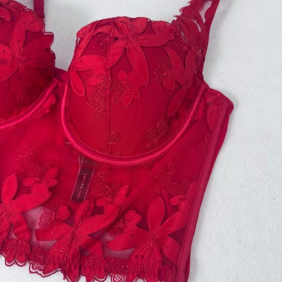 Victoria’s Secret Lace Longline Bustier Bra 36C Red Floral Embroidered Lingerie - Picture 4 of 7